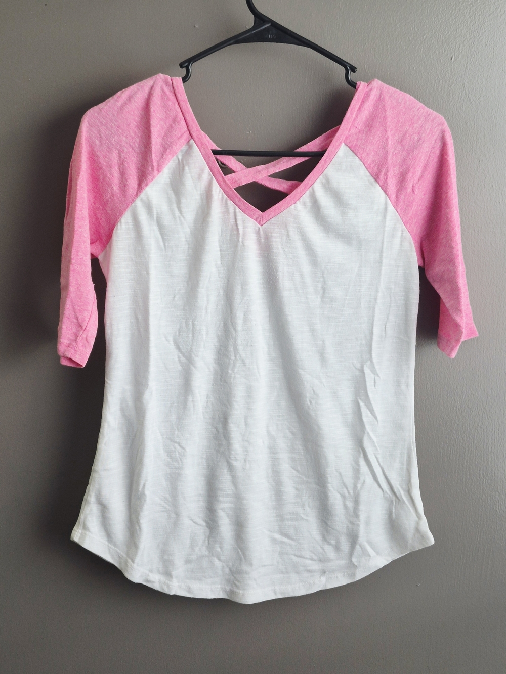 No Boundaries White and Pink Crisscross Raglan Tee